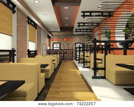 Modern cafe in Japanese style 3D rendering