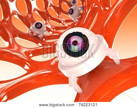 Orange nanotube structure with small robots 3D rendering