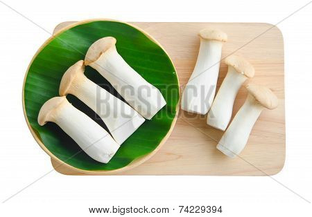 King Oyster Mushroom And Leaf On Wood Background