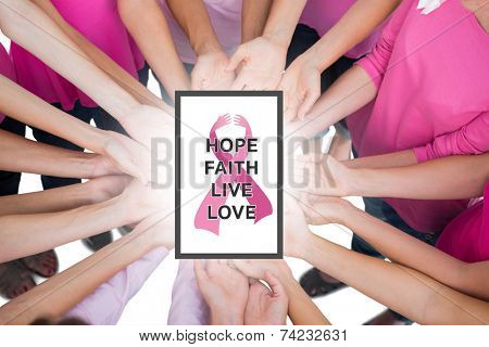 Hands joined in circle holding breast cancer struggle symbol against breast cancer awareness message
