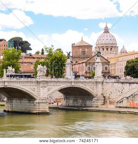view of Ponte Principe Amedeo and St. Peter's basilica, Rome, Italy