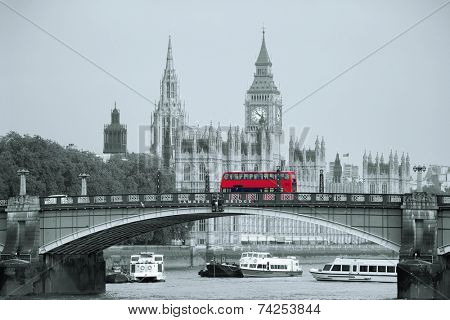 Big Ben, House of Parliament and Lambeth Bridge with red bus in London.