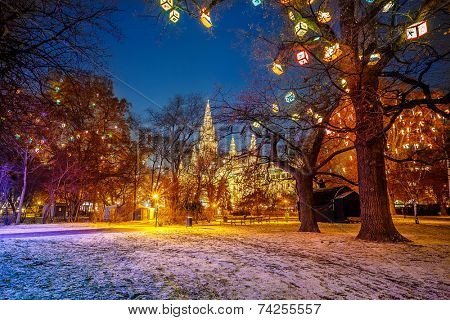 Vienna Town Hall and park decorated for Christmas