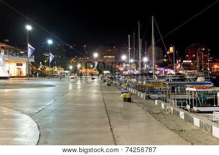 Boats Along Seafront In Yalta City In Night