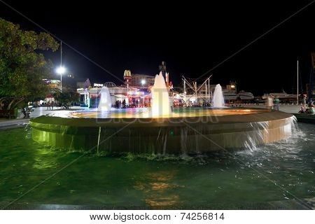 Fountain On Promenade Of Yalta City In Night