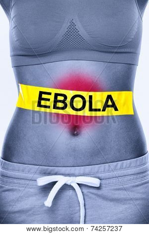 Ebola virus infection. Text on woman stomach symbolizing patient. Ebola symptoms inlcudes nausea, vomiting, diarrhea and stomach pain.