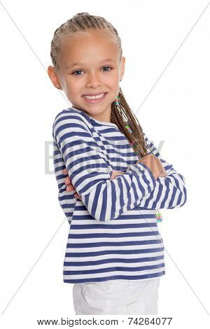 Portrait of a girl dressed as a cabin boy. Girl is six years old. 