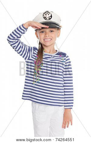 Girl dressed as a cabin boy raised his right hand in greeting. Girl is six years old. Cap has a emblem of Russia.