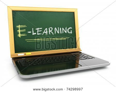 E-laerning education concept. Laptop with blackboard and chalk. 3d