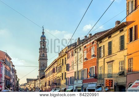 Main Street With Shops And People In Parma, Italy