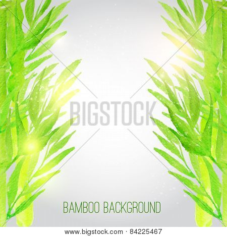Vector watercolor bamboo background with green leaves. Artistic vector design for banners, greeting