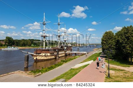 Old Sailing Ship On River Volhov In Novgorod, Russia