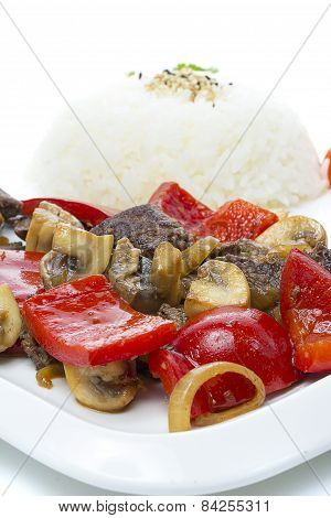 Japanese Cuisine - Rice With  Meat And Mushrooms And Vegetables