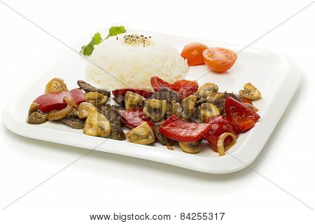 Japanese Cuisine - Rice With  Meat And Mushrooms And Vegetables