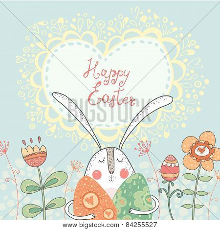 : Bright happy easter card in vector. Funny rabbit with eggs flowers in cute cartoon style. Stylish