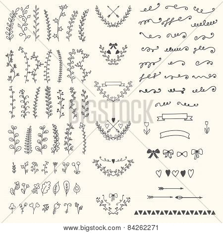 Hand Drawn Vintage Floral Elements. Handsketched Vector Design Elements
