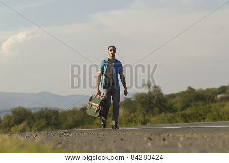 Sexy Guy Iwalkinh On The Road With Travel Bag