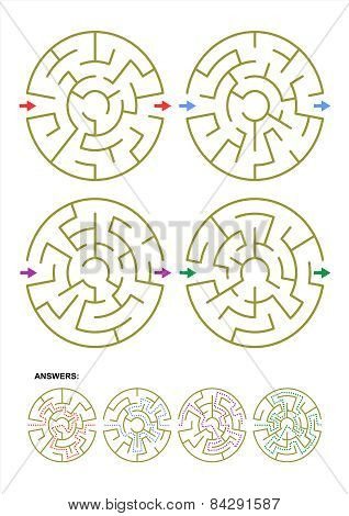 Set of four round maze game templates with answers