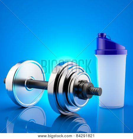 Fitness Exercise Equipment Dumbbell Weights  And Shaker On Blue Background.