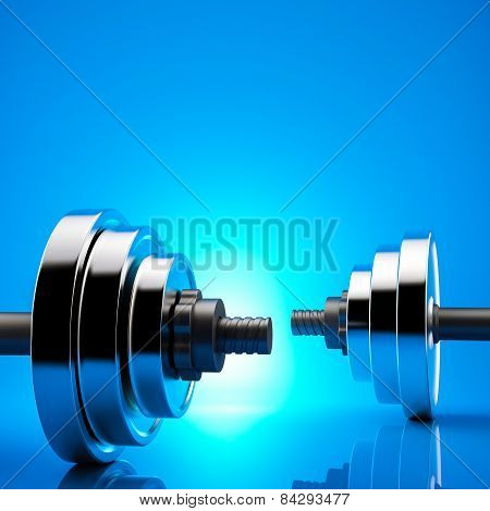 Fitness Exercise Equipment Dumbbell Weights On Blue Background.