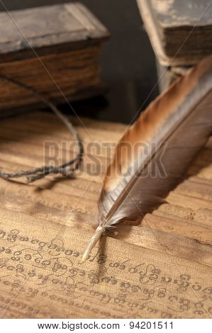 Ancient Treatise With Bird Feather