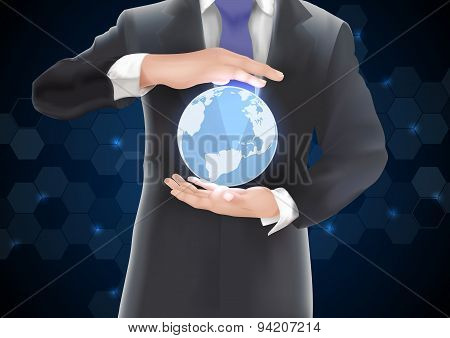 Hands holding earth of background on blue and black