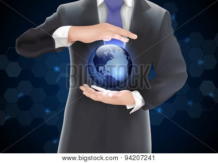 Hands holding earth with blue of background on blue and black