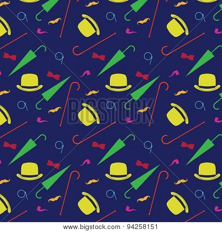 Retro Gentleman Elements - Bowler, Moustache, Tobacco Pipe Monocle, Cane And Umbrella Seamless Patte