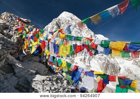View Of Mount Pumo Ri With Buddhist Prayer Flags