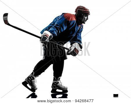 one caucasian man ice hockey player  in studio  silhouette isolated on white background