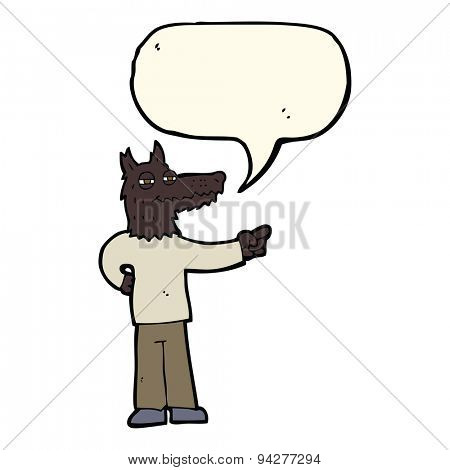 cartoon pointing wolf man with speech bubble