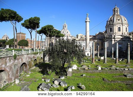 Traian Column And Santa Maria Di Loreto In Rome, Italy
