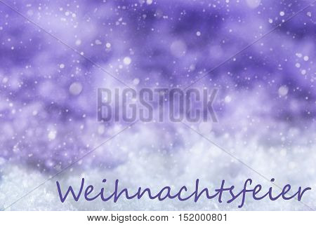 German Text Weihnachtsfeier Means Christmas Party. Purple Christmas Background Or Texture With Snow And Snowflakes. Copy Space For Your Text Here