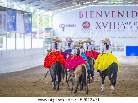 GUADALAJARA MEXICO - SEP 01 : Charras participate at the 23rd International Mariachi & Charros festival in Guadalajara Mexico on September 01 2016.