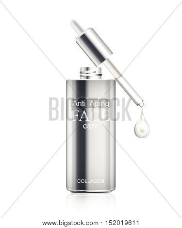 Anti age cream for face skin care with collagen serum. Cosmetic background with bottle, pipette and glitter droplet. Realistic bottle with cream isolated on white background. Vector illustration