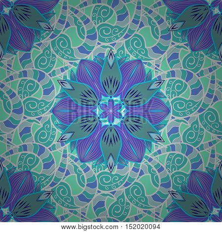 Blue lace. Round lace pattern on an doodles background. Vector.
