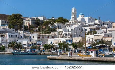 MILOS, GREECE - SEP 26, 2016: Views of the Marina from the sea. The island is famous for the statue of Aphrodite (