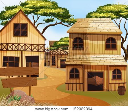 Western old town with houses and shops illustration