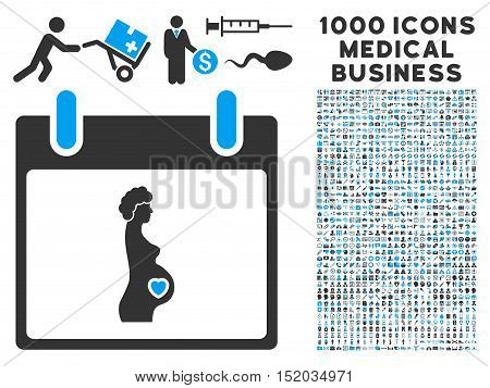 Blue And Gray Pregnant Woman Calendar Day vector icon with 1000 medical business pictograms. Set style is flat bicolor symbols, blue and gray colors, white background.