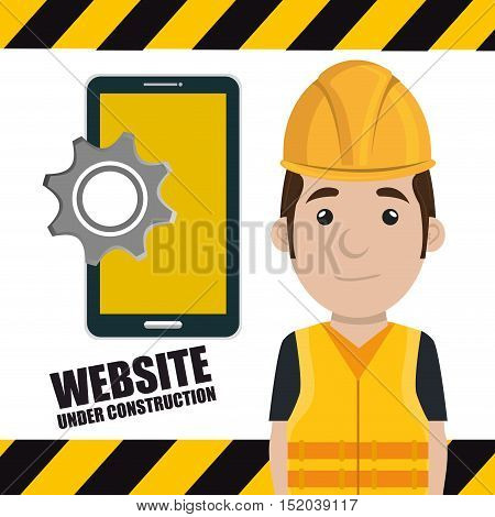 avatar construction worker smling  with yellow helmet safety equipment and smartphone with gear icon. vector illustration