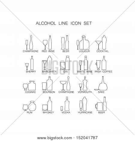 The icon set Alcoholic beverages . Line images of bottles and glasses for drinks. Collection of high quality thin line alcoholic pictogram for design website, mobile app, logo, etc.