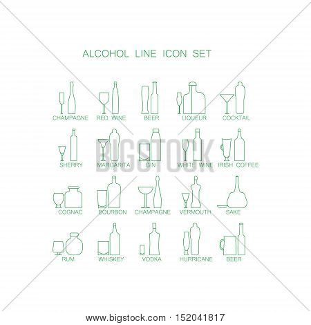 The icon set Alcoholic beverages . Line images of bottles and glasses for drinks. Collection of high quality thin line alcoholic pictogram for design website, mobile app, logo, etc.