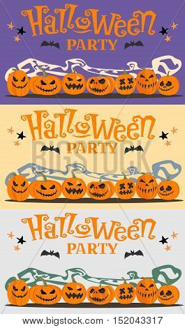 Halloween posters or greeting cards with cartoon pumpkins, bat and stars.