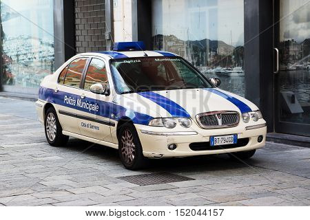 San Remo Italy - October 16 2016: Rover Italian Police Car (Polizia Municipale) Parked On The Street Of San Remo
