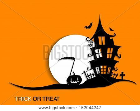 Scary Halloween moonlight background with haunted house. Halloween party background for flyer, banner or poster. Trick or treat party illustration.