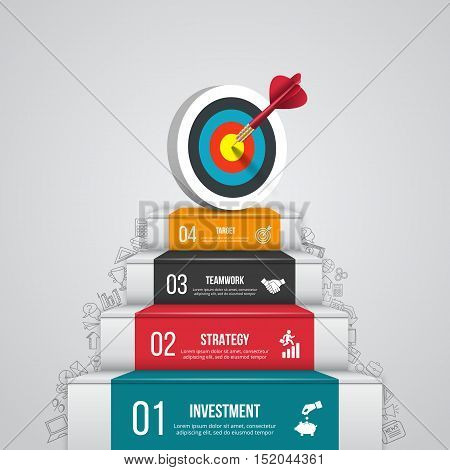 Vector illustration of 4 steps to success with target and dart. Can be used for infographic, banner, diagram, step up options. Doodles icons set.