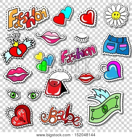Big set of Girl Fashion Comics Style Patch Badges, Stickers kit, Funny Pins, Skech Cartoon Labels