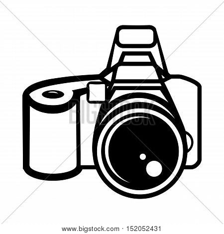 A camera digital professional, digital SLR. Icon, symbol, sign of the camera. Black and white vector illustration on white background.