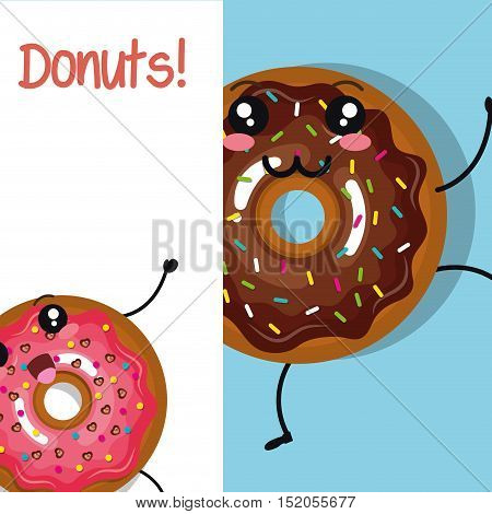 sweet donuts kawaii cartoon with happy face over blue and white background. vector illustration