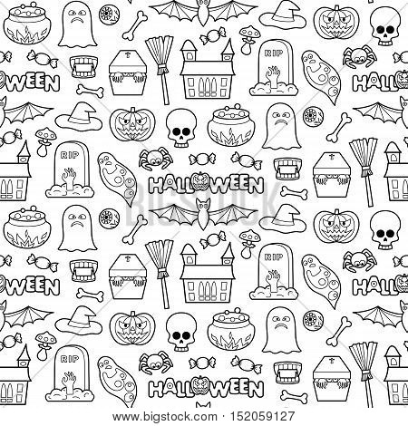 Seamless pattern with Halloween coloring patches. Pin badges set background. Black and white stickers wallpaper. Textile print for clothes.